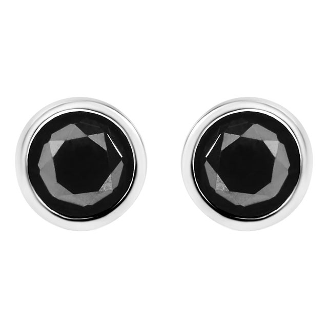 .925 Sterling Silver 3.00 Cttw Round Brilliant-Cut Black Diamond Bezel-Set Stud Earrings with Screw Backs - 2 Pieces For Sale