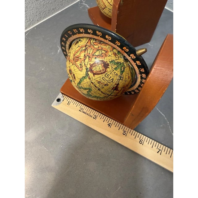 Wood Vintage MCM Wood Rotating Globe Old World Map Bookends For Sale - Image 7 of 7