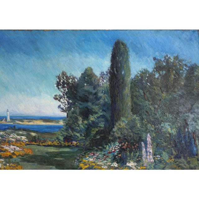Large Scale 19th Century American Impressionism Garden and Lighthouse Landscape For Sale - Image 4 of 8