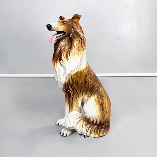 Italian modern Sculpture of sitting rough collie dog in ceramic, 1970s Sculpture of a sitting long-haired rough collie...