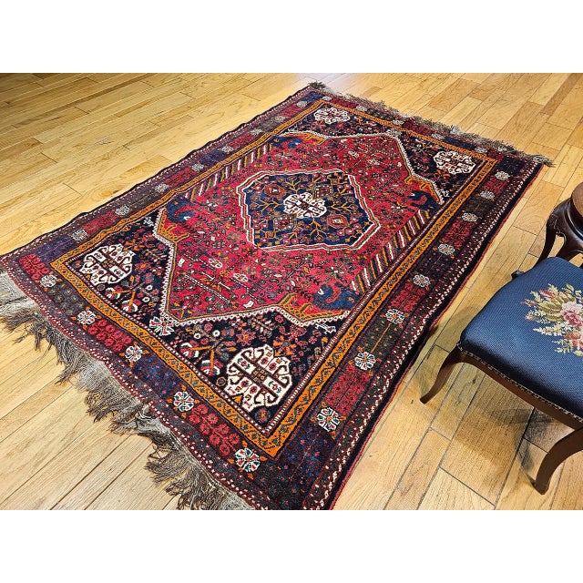 Vintage Persian Qashqai Tribal Area Rug, Hand-Knotted Wool, Vegetable Dye, Geometric Medallions, 6x8, Red & Navy For Sale - Image 4 of 15