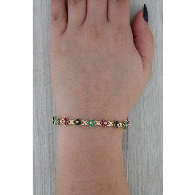 Gold 4.84ctw Ruby Sapphire Emerald Flower Tennis Bracelet 14k Yellow Gold 7" For Sale - Image 8 of 8