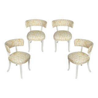 Set of Four White Painted Klismos Chairs With Yellow Les Touches Fabric For Sale