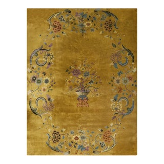 1920s Yellow Floral Antique Chinese Art Deco Rug 8'8"x11'4" Knotted Wool Carpet For Sale