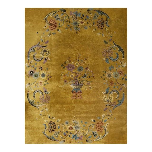 1920s Yellow Floral Antique Chinese Art Deco Rug 8'8"x11'4" Knotted Wool Carpet For Sale