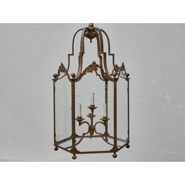 Tall French Wrought Iron Lantern With Glass Panels and Scroll Detailing - 1900s For Sale - Image 10 of 18