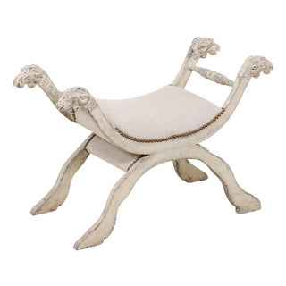 Italian Midcentury Empire Style Painted and Upholstered Bench with Ram Heads For Sale