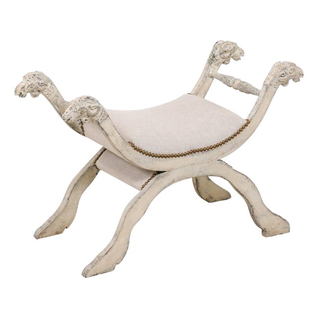 Italian Midcentury Empire Style Painted and Upholstered Bench with Ram Heads For Sale