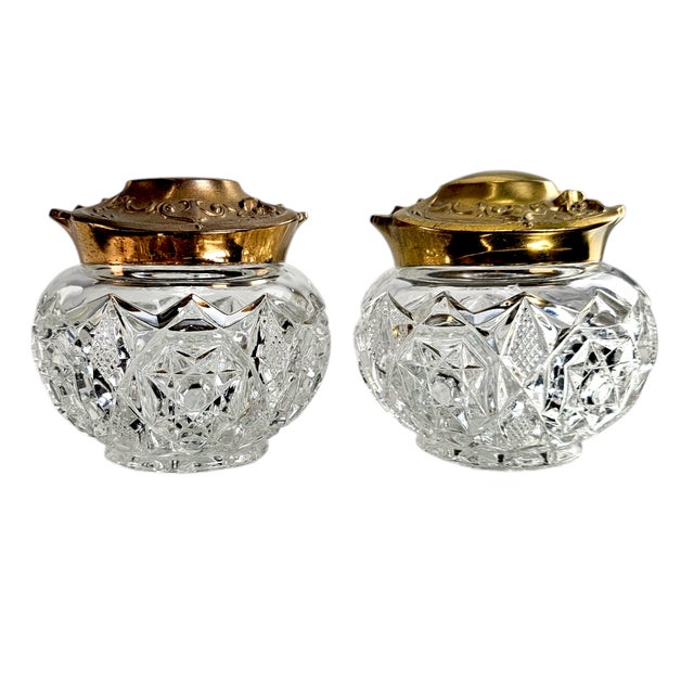 Early 20th Century Early 20th Century Art Nouveau Cut Crystal & Gilt Copper Dresser Jars, Pair For Sale - Image 5 of 12