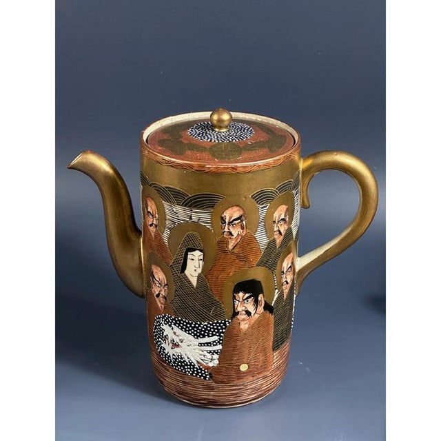 Japanese Meiji Hand-Painted Shimazu Satsuma Coffee Service with Moriage Kannon Immortals and Dragons, 19th Century, Set of 15 For Sale - Image 3 of 11