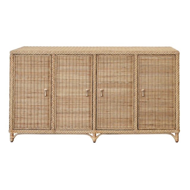 Wood Matthew Izzo Home Evander Wrapped Rattan Four Door Buffet With Satin Brass Pulls For Sale - Image 7 of 7