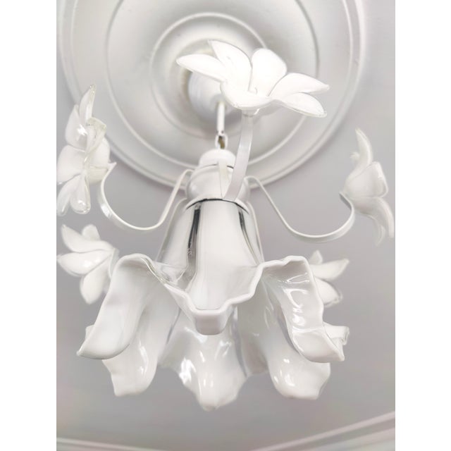 Vintage Murano Glass Chandelier, 1980s White Floral Lamp, Small Italian Ceiling Light For Sale - Image 6 of 14
