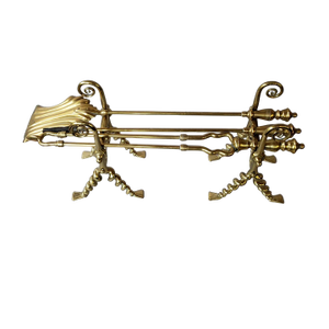 Antique English Brass Fireplace Tool Set With Matching Firedogs, C. 1880–1900