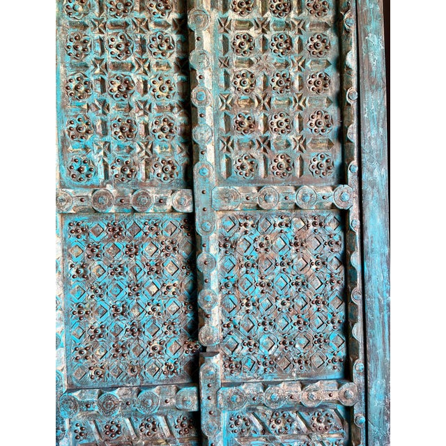 Mid-Century Modern Rustic Blue Antique Carved Wood Double Doors With Brass Studs – Farmhouse Decorative Doors 91 For Sale - Image 3 of 7
