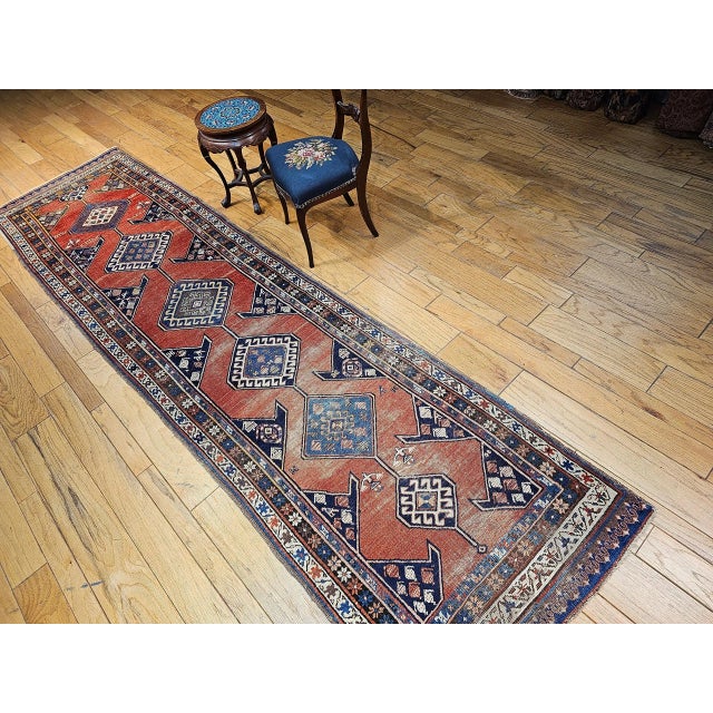Traditional Antique Persian Kurdish Bidjar Runner, Handwoven Geometric Pattern, Terracotta & Navy, 3’ X 13’ For Sale - Image 3 of 18