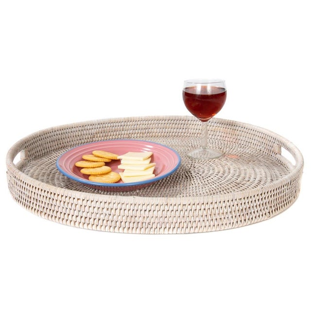 Artifacts Rattan Oval Tray with Cutout Handles in White Wash - 18" For Sale - Image 4 of 8