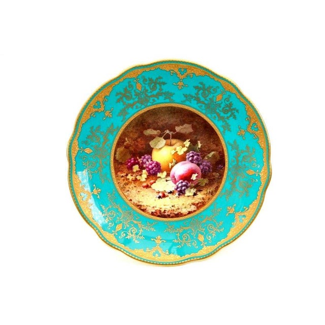 Turquoise Antique Hand-Painted Porcelain Coalport Fruit Cabinet Plate by Frederick Chivers, 1921 For Sale - Image 8 of 13