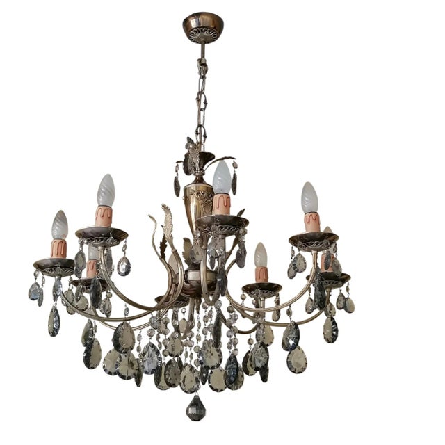 Eight-Light Chandelier with Smoked Crystal Drop Pendants, 1950s For Sale - Image 6 of 6