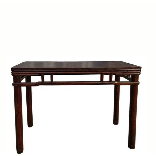 This mid 19th century antique console table features a minimalist, architectural open-frame design with a rich, dark...