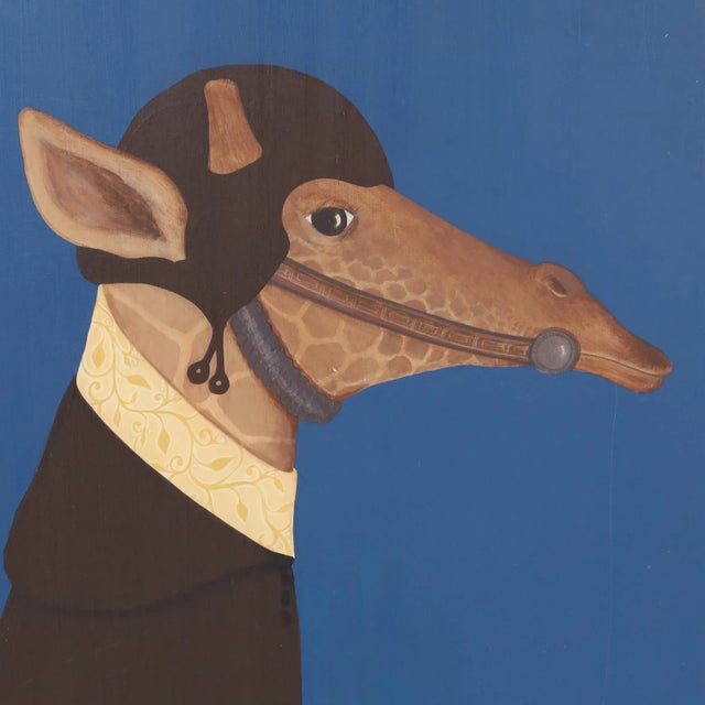Striking mid century acrylic painting on board of a giraffe with a clerical reference executed with a surrealist...