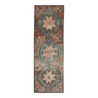 1960s Red & Blue Geometric Design Handwoven Wool Vintage Turkish Runner 3'3" X 9'9" For Sale