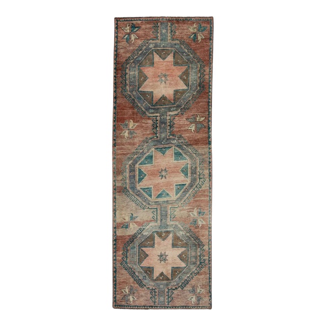 1960s Red & Blue Geometric Design Handwoven Wool Vintage Turkish Runner 3'3" X 9'9" For Sale