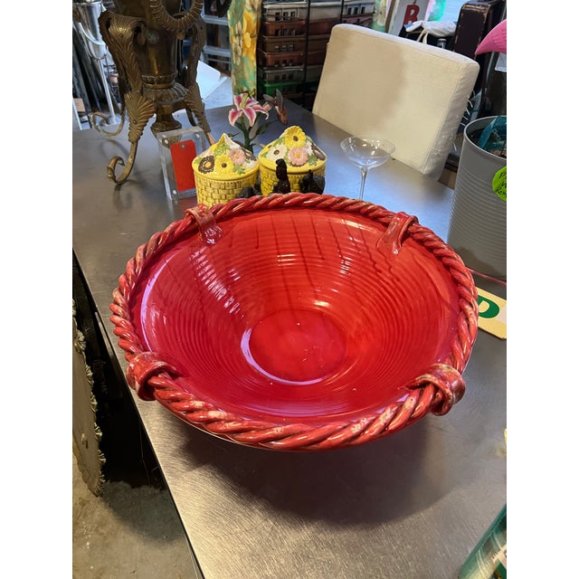 Ceramic Vintage Tomato Red Articulated Rope Edge Decorative Bowl Made in Italy For Sale - Image 7 of 8