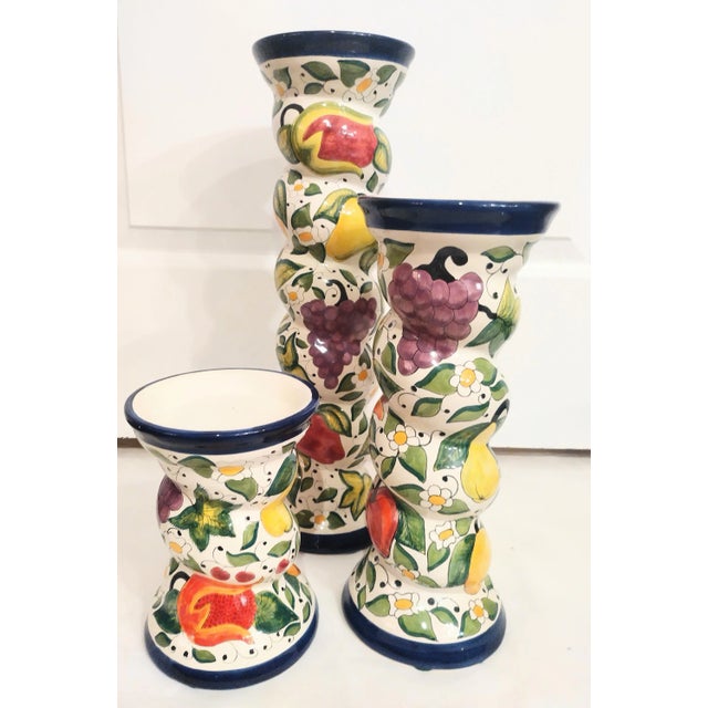 Mexican Vintage Ceramic Colorful Fruit Twisted Italian Style Pillar Candle Holders- Set 3 For Sale - Image 3 of 8