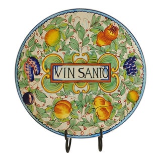 Large Vintage Italian Vin Santo Holy Wine Hand Painted Ceramic Charger Platter With Stand For Sale