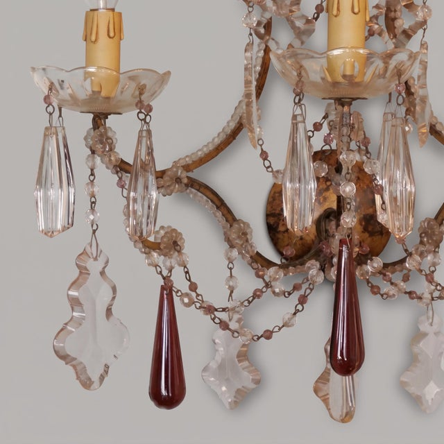 Gold Three-Light Louis XV Style Wall Sconces in Gilt Iron with Glass Beads and Crystal Drops, 1930s, Set of 2 For Sale - Image 8 of 9