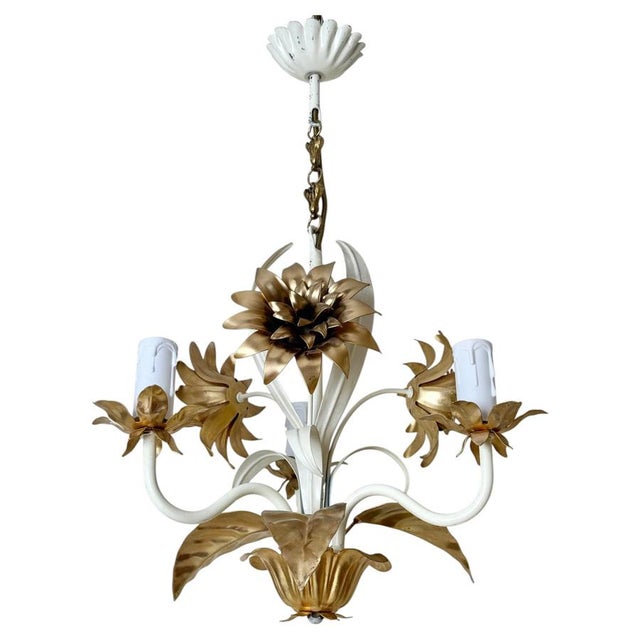 Hollywood Regency Cream and Gilt 3-Arm Chandelier with Floral Details, 1970 For Sale - Image 15 of 15