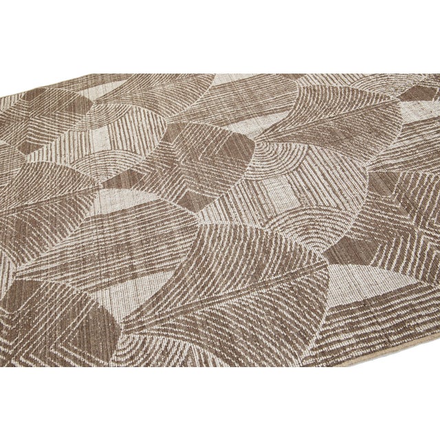 Ivory Brown and Ivory Designed Transitional Hand Loom Wool Rug For Sale - Image 8 of 10