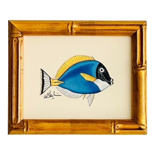 Original Hand-Painted Blue Colored Fish Painting, Framed For Sale