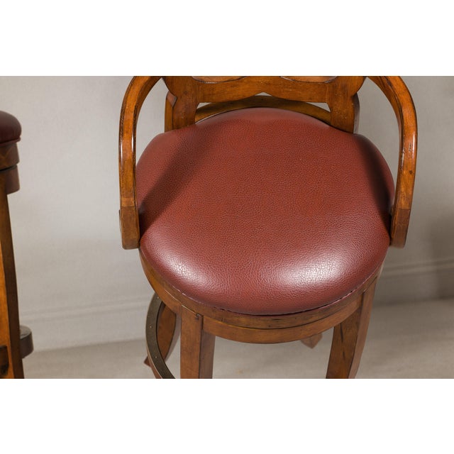 Rustic Swivel Bar Stools with Carved Backs and Faux Leather Seats – Set of 3 For Sale - Image 3 of 12