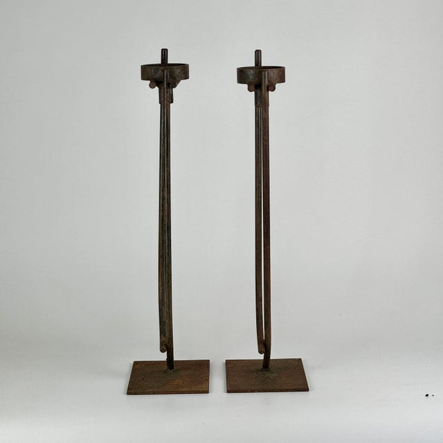 Early 20th Century Large Antique Pair of Hand Forged Iron Designer Candlesticks in a Rust Finish For Sale - Image 5 of 12
