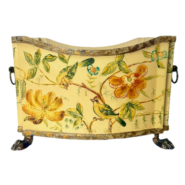 Vintage Hand-Painted Bird & Floral Tole Cachepot For Sale - Image 12 of 14