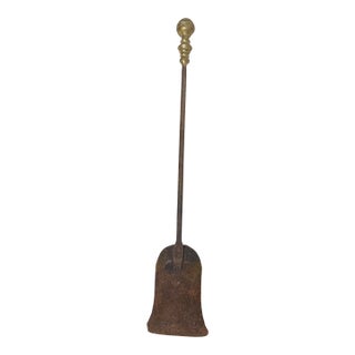 Antique 18th Century Wrought Iron Turned Brass English Fireplace Shovel Tool 15 For Sale