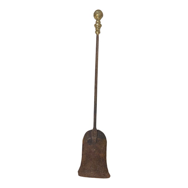 Antique 18th Century Wrought Iron Turned Brass English Fireplace Shovel Tool 15 For Sale