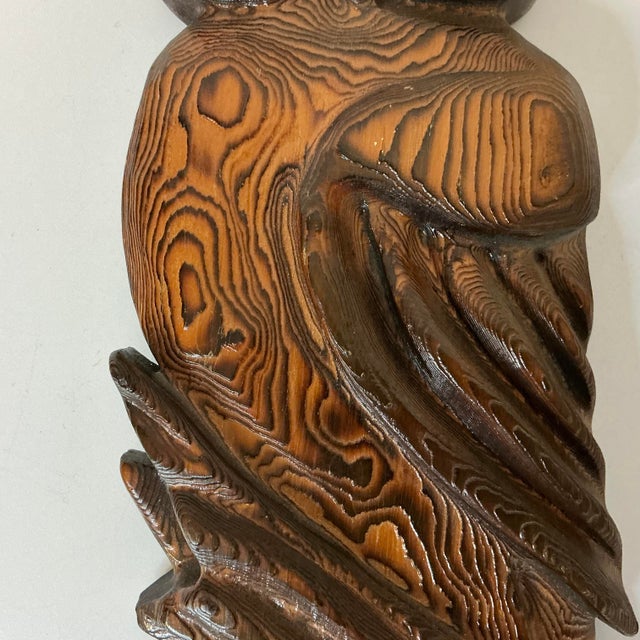 Burnt Umber Mid-Century Boho Chic Arts & Crafts Folk Art Hand Carved Wood Owl on Branch Sculptural Wall Object For Sale - Image 8 of 18