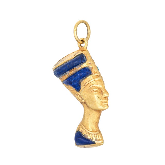 Vintage Nefertiti Reversible Pendant 14k Gold Lapis Lazuli Turquoise Egyptian For Sale - Image 4 of 5