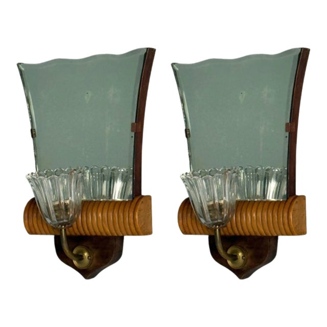 Italian Mid-Century Modern, Mirrored Wall Sconces, Brass, Wood, Italy, 1940s For Sale