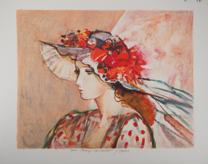 Imai Sachiko, Femme au chapeau fleuri, Lithograph