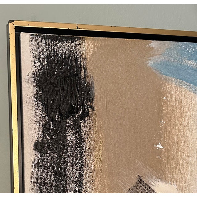 Extra Large Blue and Tan Abstract Painting in Gold Float Frame For Sale In New York - Image 6 of 8