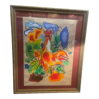 1970s Original Rooster Watercolor by Mariano Rodriguez 1912-1990 For Sale