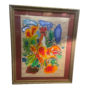 1970s Original Rooster Watercolor by Mariano Rodriguez 1912-1990