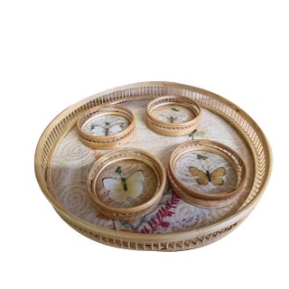 Vintage Tray with Four Glass Coasters, Set of 5 For Sale