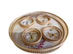 Vintage Tray with Four Glass Coasters, Set of 5