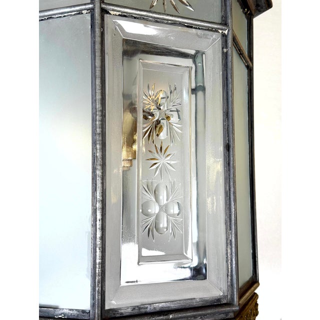 Antique Neoclassical Bronze & Etched Glass Ceiling Lantern For Sale - Image 9 of 11