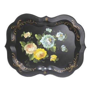 Large 1950s Hand Painted Toleware Tray Black Metal Floral Serving Tole Fine Arts Studio For Sale