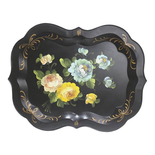 Large 1950s Hand Painted Toleware Tray Black Metal Floral Serving Tole Fine Arts Studio For Sale